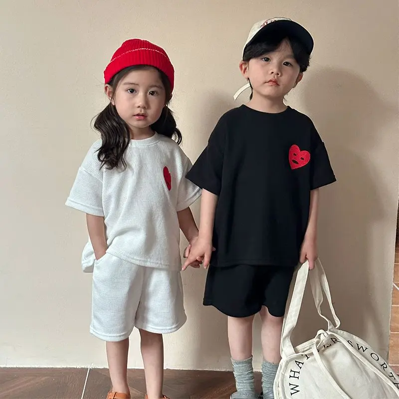 Children's Sports Set Waffle Summer Loose Boys 2024 New Girl's Casual Baby Short Sleeve Summer Dress