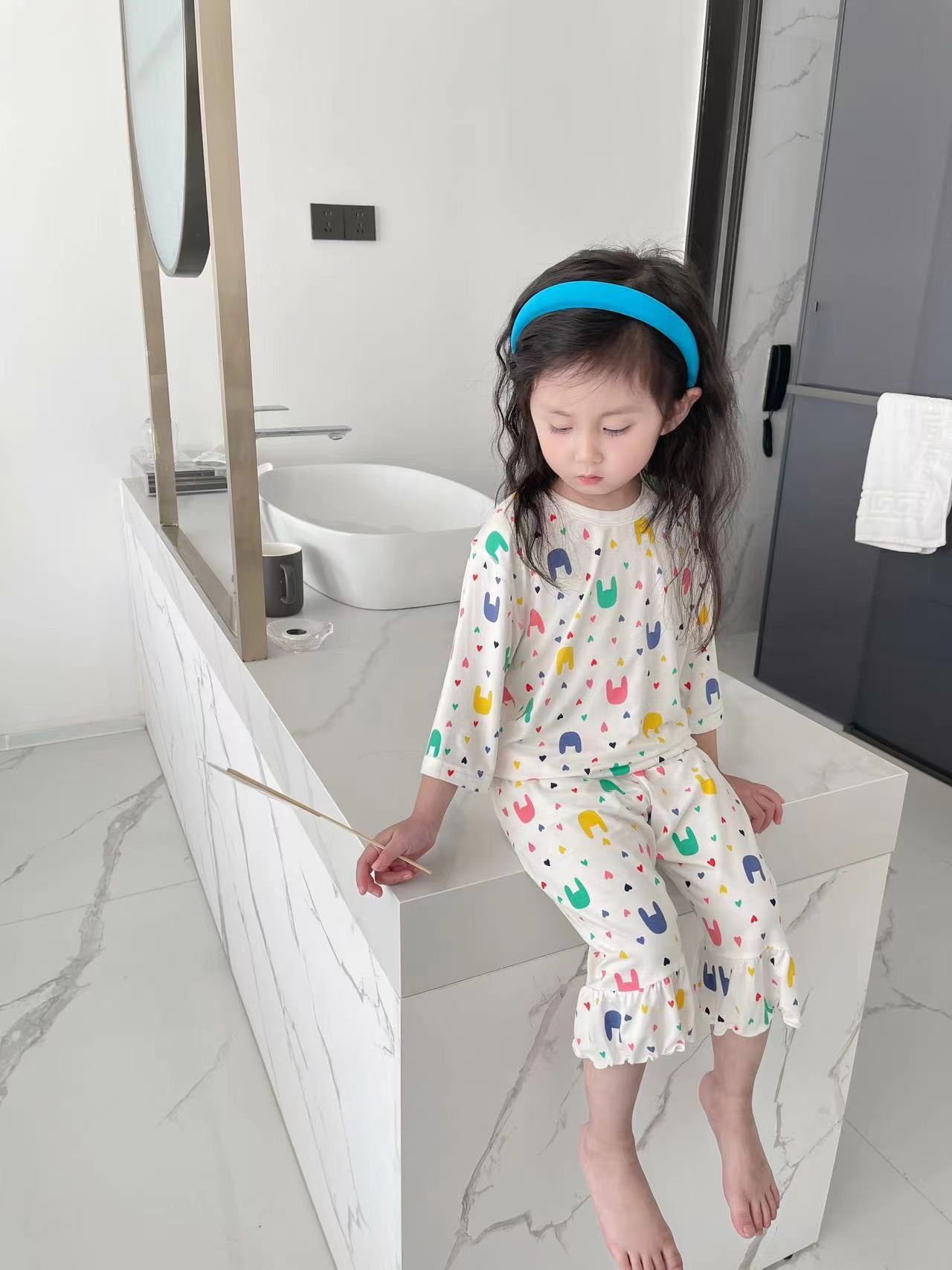 Kawaii Children's Pajamas Summer Cotton sleepwear Cute Cartoon Mid-sleeve capri pants Homewear Set