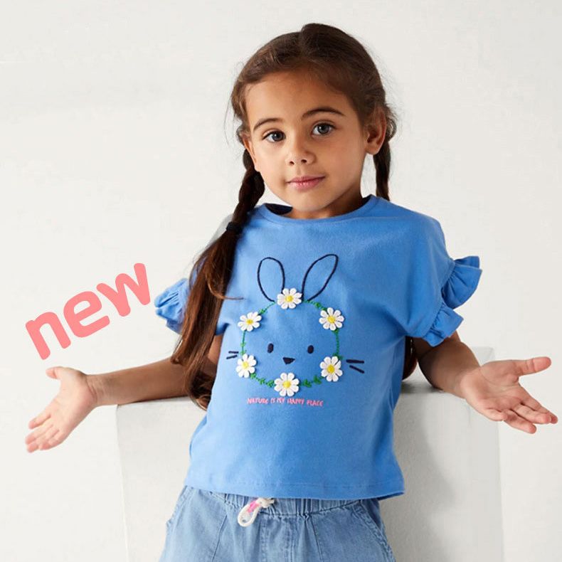 Girls' Blue Short-Sleeve T-Shirt Wholesale Kid's Clothing - Summer Ruffle Sleeves Cotton Tee Style Kids' Cotton Short-Sleeve