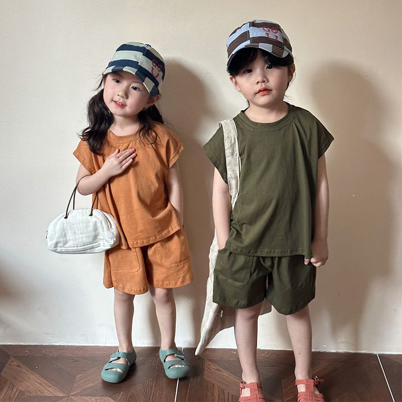 Children's summer sports suit, boys' pure cotton loose fitting clothes, baby 2024 new girls' casual vest summer clothes