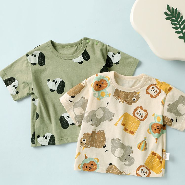 Unisex Kids' Short-Sleeve T-Shirts Pure Cotton girls Short-Sleeve T-Shirts for Summer Cute Animal Print, Cotton, Green & Beige