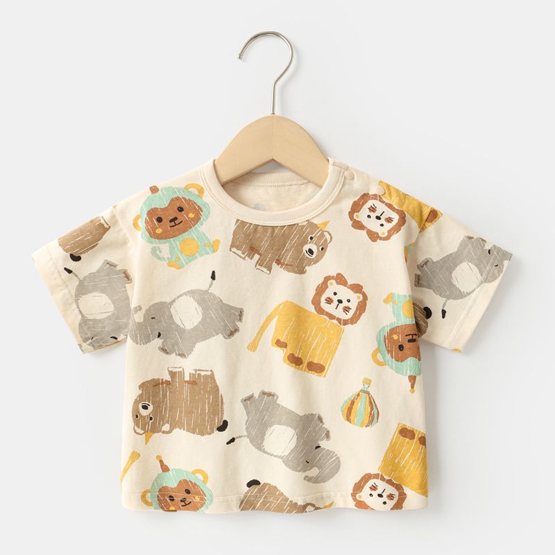 Unisex Kids' Short-Sleeve T-Shirts Pure Cotton girls Short-Sleeve T-Shirts for Summer Cute Animal Print, Cotton, Green & Beige