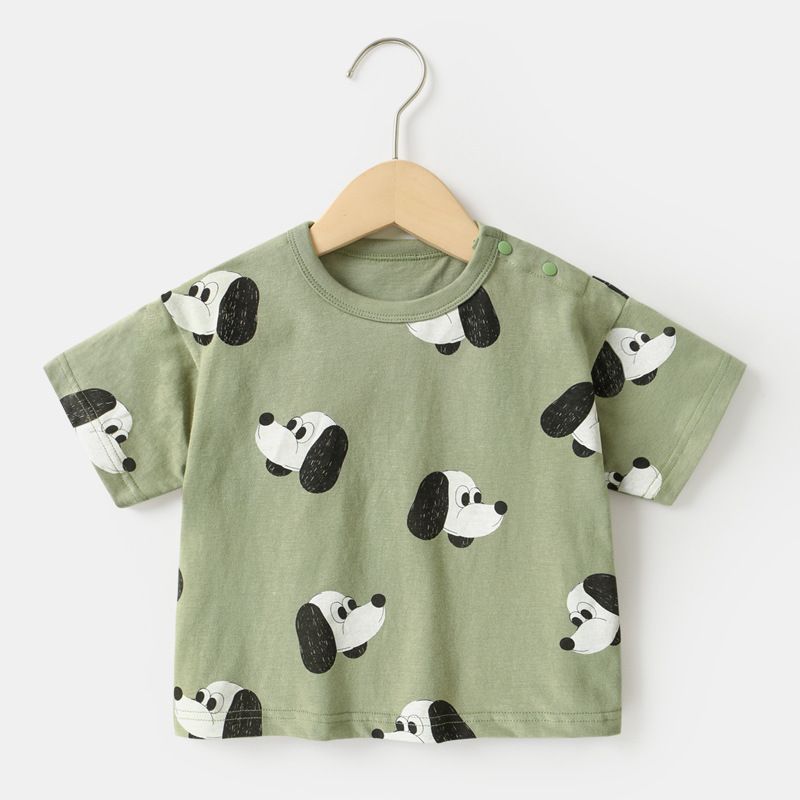 Unisex Kids' Short-Sleeve T-Shirts Pure Cotton girls Short-Sleeve T-Shirts for Summer Cute Animal Print, Cotton, Green & Beige