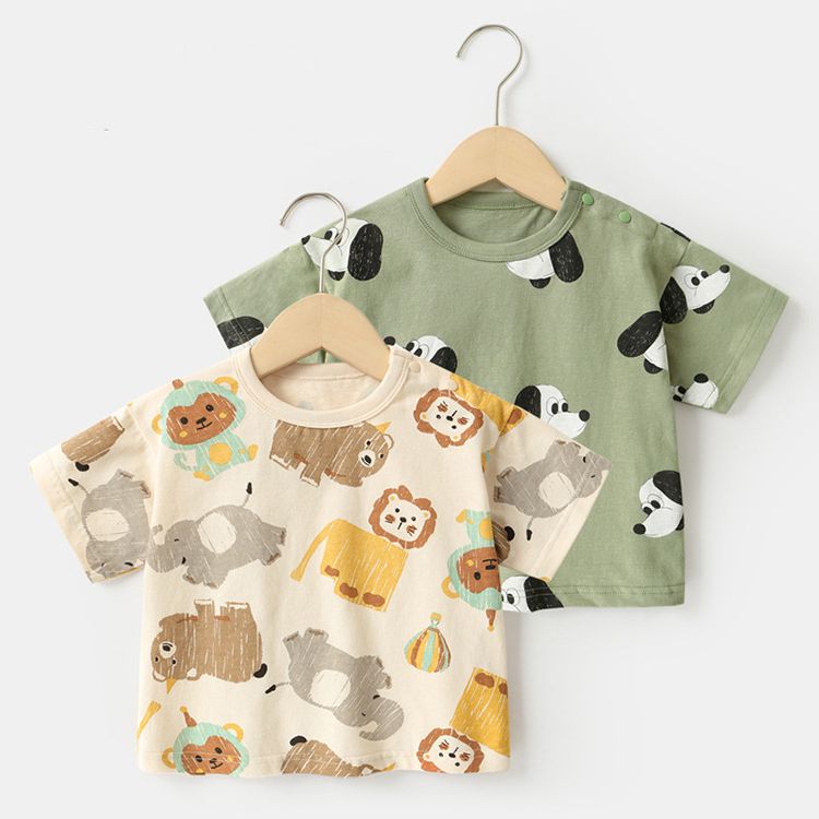 Unisex Kids' Short-Sleeve T-Shirts Pure Cotton girls Short-Sleeve T-Shirts for Summer Cute Animal Print, Cotton, Green & Beige