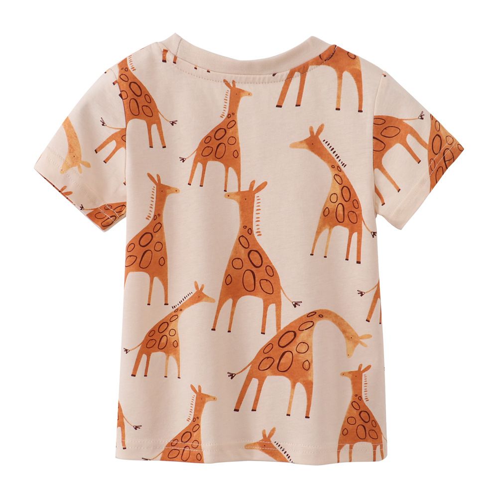 Unisex Kids' Summer Short-Sleeve girls T-Shirt - Pure Cotton for Summer Cute Giraffe Print, Beige