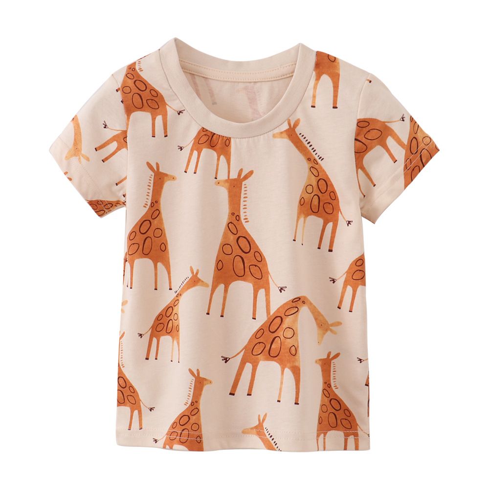 Unisex Kids' Summer Short-Sleeve girls T-Shirt - Pure Cotton for Summer Cute Giraffe Print, Beige