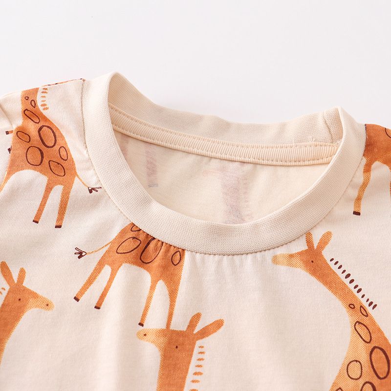 Unisex Kids' Summer Short-Sleeve girls T-Shirt - Pure Cotton for Summer Cute Giraffe Print, Beige