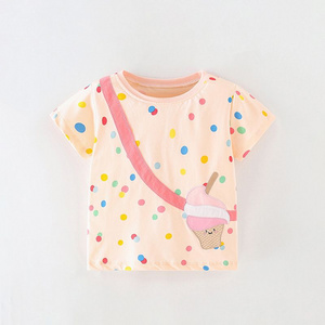 Girls' Short-Sleeve Summer Kids T-Shirt Pure Cotton Pink Polka Dot with Ice Cream Design Pure Cotton T-Shirts for Summer