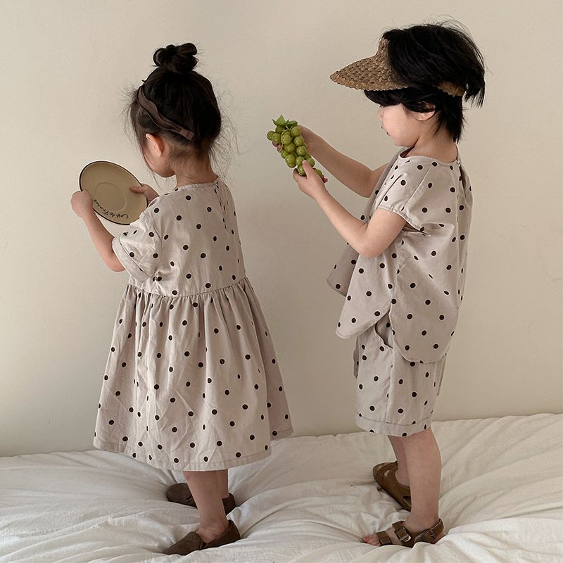 Children's Summer Set for Boys 2024 New Baby Summer Dress Pure Cotton Dots Girls' Dress for Brothers and Sisters