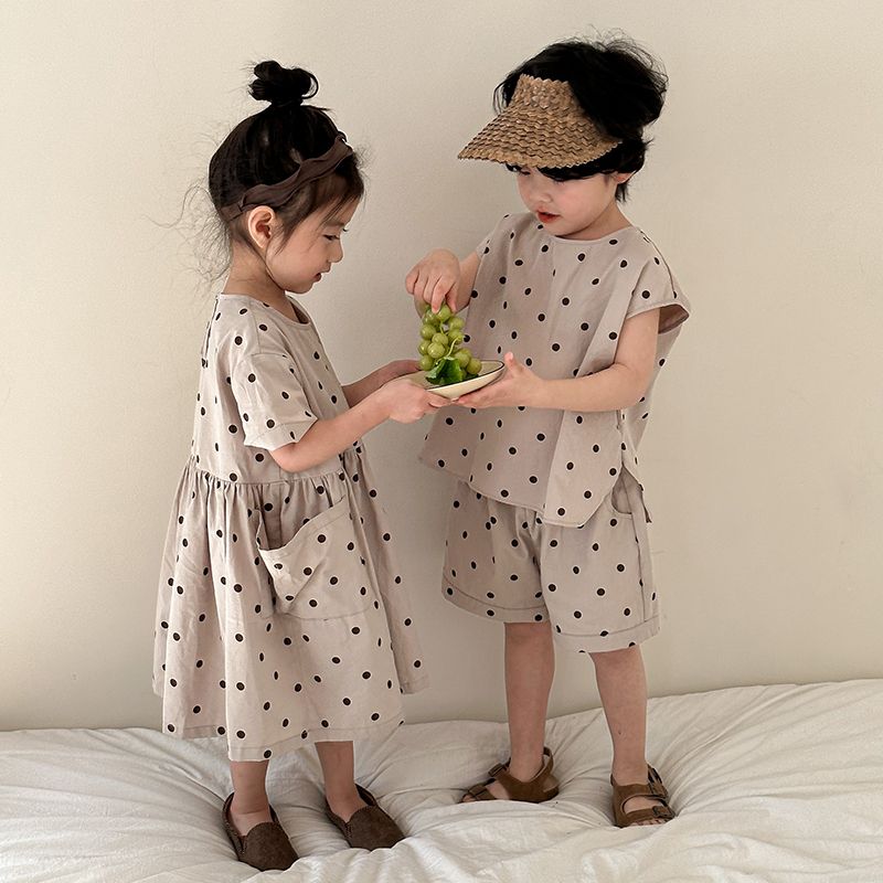 Children's Summer Set for Boys 2024 New Baby Summer Dress Pure Cotton Dots Girls' Dress for Brothers and Sisters