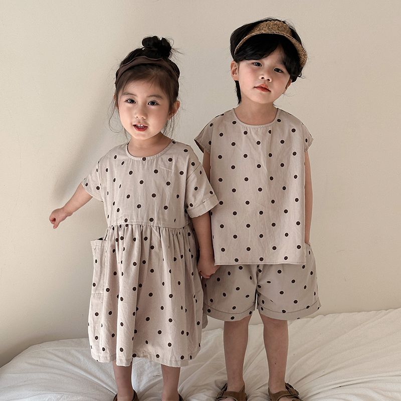 Children's Summer Set for Boys 2024 New Baby Summer Dress Pure Cotton Dots Girls' Dress for Brothers and Sisters