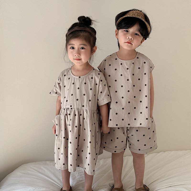 Children's Summer Set for Boys 2024 New Baby Summer Dress Pure Cotton Dots Girls' Dress for Brothers and Sisters