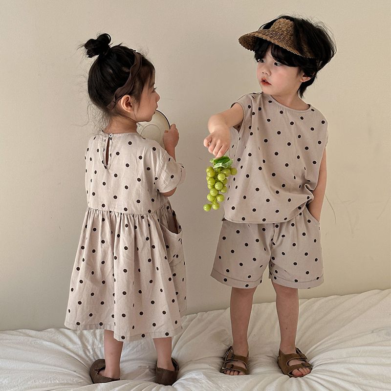 Children's Summer Set for Boys 2024 New Baby Summer Dress Pure Cotton Dots Girls' Dress for Brothers and Sisters