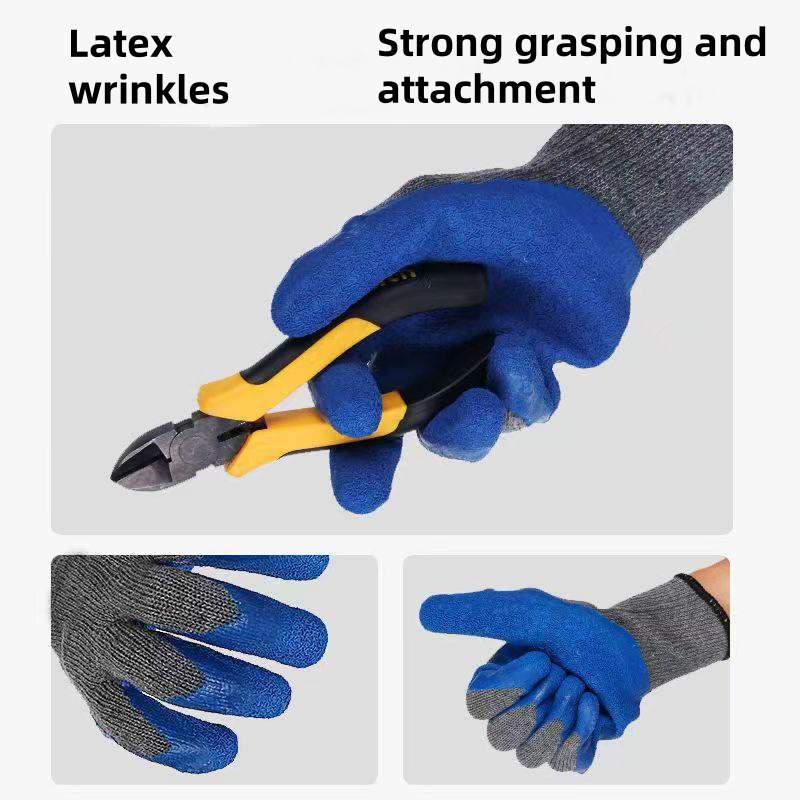 Gray yarn blue wrinkles gumming Outdoor site Logistics transportation Wear-resistant and non-slip Safety protective work gloves