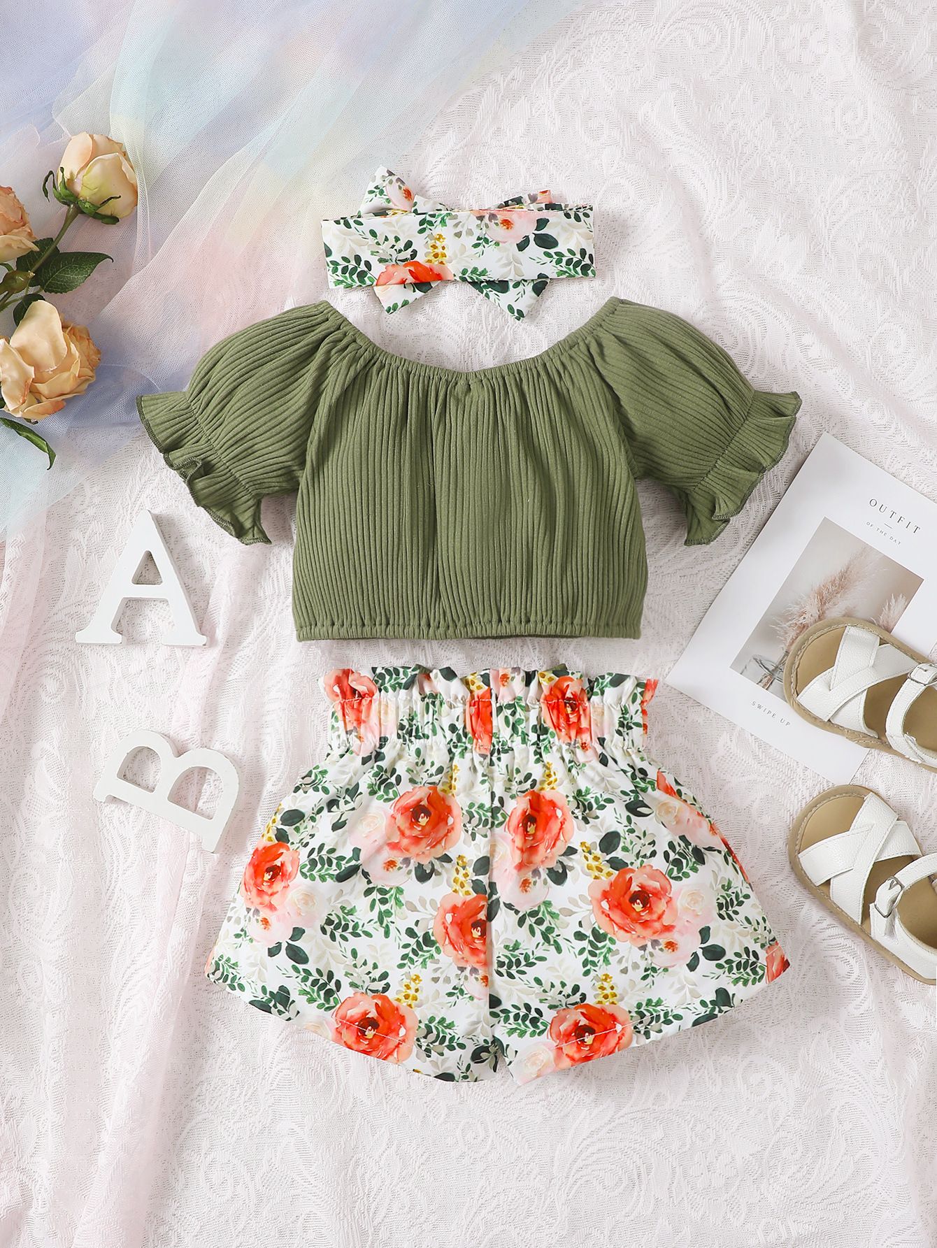 2024 Summer Ins Style Baby Girls Clothing Set, Sweet Toddler Girls Floral T-Shirt with Shorts Kids Clothing Set