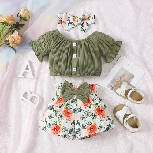 2024 Summer Ins Style Baby Girls Clothing Set, Sweet Toddler Girls Floral T-Shirt with Shorts Kids Clothing Set