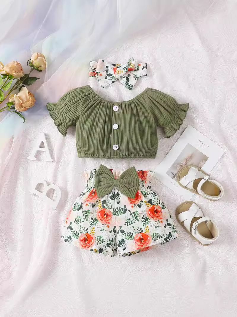 2024 Summer Ins Style Baby Girls Clothing Set, Sweet Toddler Girls Floral T-Shirt with Shorts Kids Clothing Set