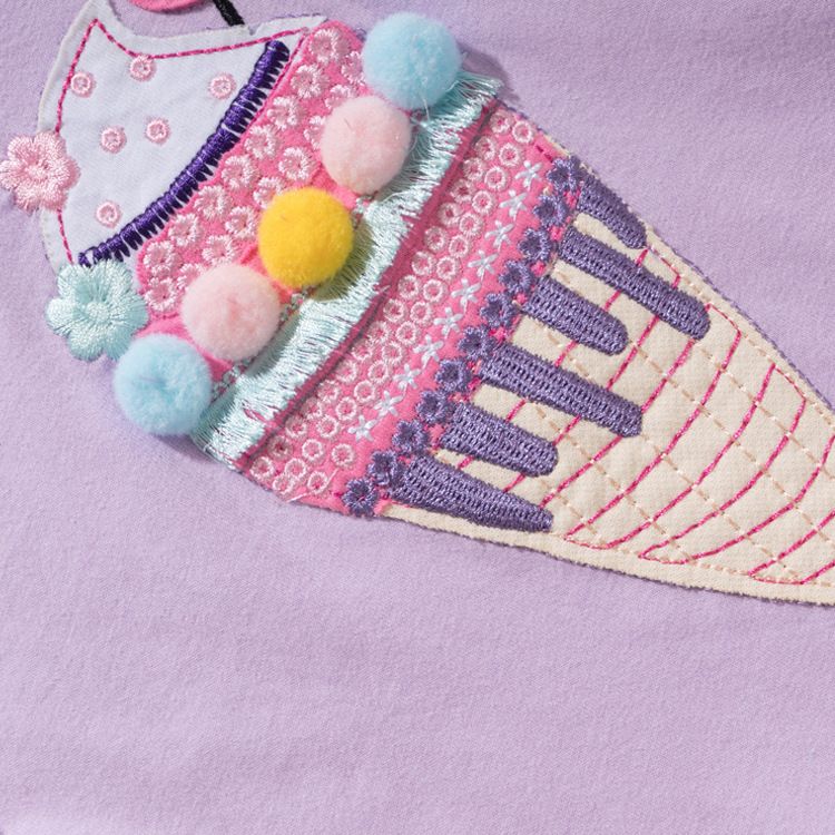 Girls' Lavender Cotton Short-Sleeve T-Shirt with Ice Cream Cone Applique and Pom-Pom Details - Soft and Comfortable Cute Top