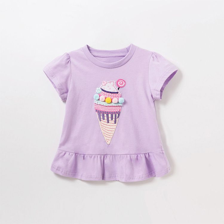 Girls' Lavender Cotton Short-Sleeve T-Shirt with Ice Cream Cone Applique and Pom-Pom Details - Soft and Comfortable Cute Top