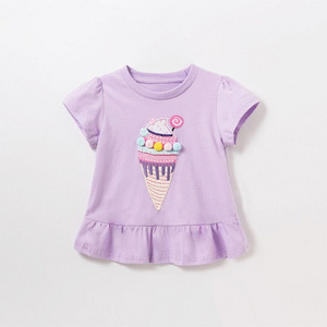 Girls' Lavender Cotton Short-Sleeve T-Shirt with Ice Cream Cone Applique and Pom-Pom Details - Soft and Comfortable Cute Top