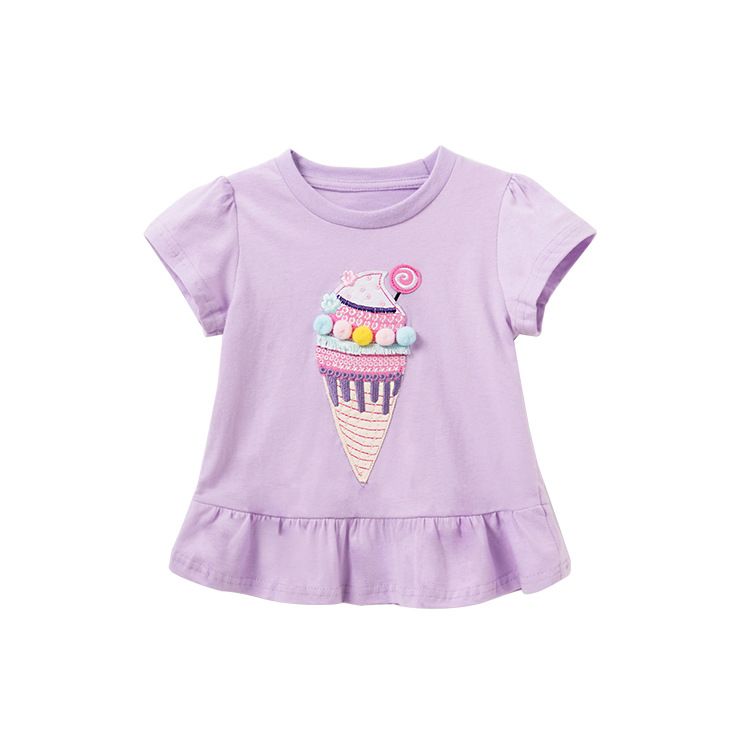 Girls' Lavender Cotton Short-Sleeve T-Shirt with Ice Cream Cone Applique and Pom-Pom Details - Soft and Comfortable Cute Top