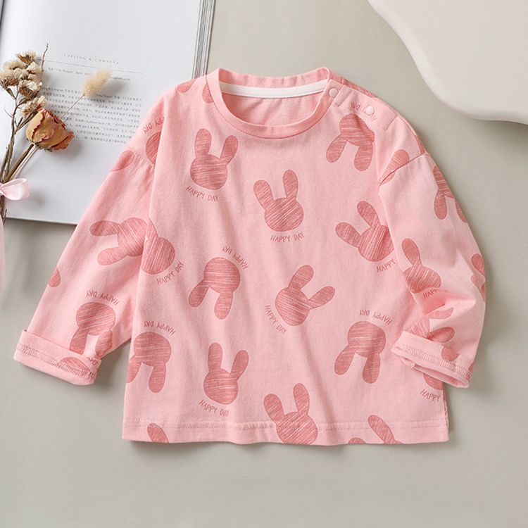 Girls' Pink Cotton Long-Sleeve T-Shirt with Bunny Print - Soft and Comfortable summer Top