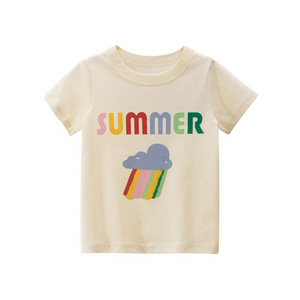 Girls' Soft Cotton Short-Sleeve T-Shirt with Rainbow Cloud Summer Print - Comfortable Casual Top