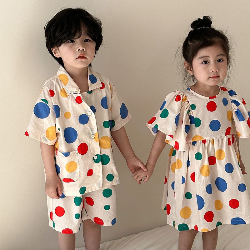 Children's Summer Set for Boys 2024 New Baby Style Wave Point Pure Cotton Girls' Dress for Siblings