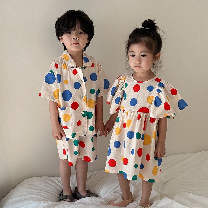 Children's Summer Set for Boys 2024 New Baby Style Wave Point Pure Cotton Girls' Dress for Siblings