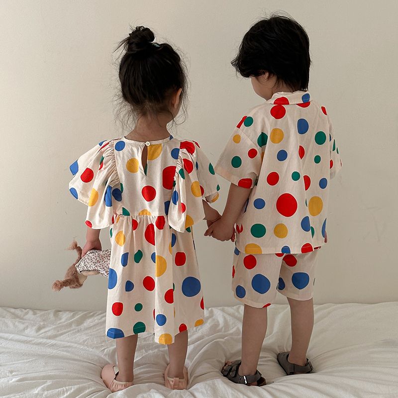 Children's Summer Set for Boys 2024 New Baby Style Wave Point Pure Cotton Girls' Dress for Siblings