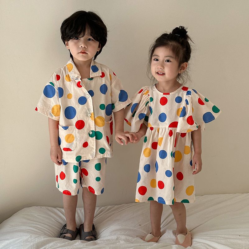 Children's Summer Set for Boys 2024 New Baby Style Wave Point Pure Cotton Girls' Dress for Siblings