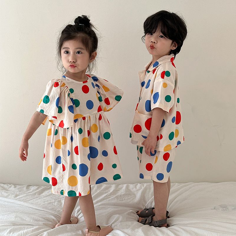 Children's Summer Set for Boys 2024 New Baby Style Wave Point Pure Cotton Girls' Dress for Siblings