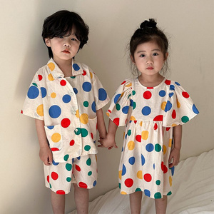 Children's Summer Set for Boys 2024 New Baby Style Wave Point Pure Cotton Girls' Dress for Siblings