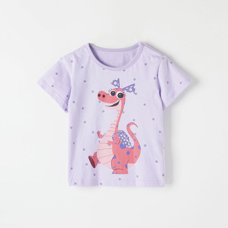 Girls' Purple Short-Sleeve T-Shirt with Cute Pink Dinosaur Print, Soft and Comfortable Cotton