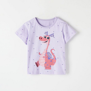 Girls' Purple Short-Sleeve T-Shirt with Cute Pink Dinosaur Print, Soft and Comfortable Cotton