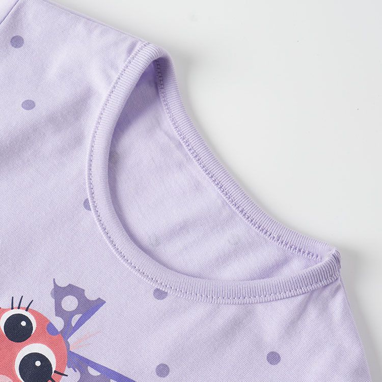 Girls' Purple Short-Sleeve T-Shirt with Cute Pink Dinosaur Print, Soft and Comfortable Cotton