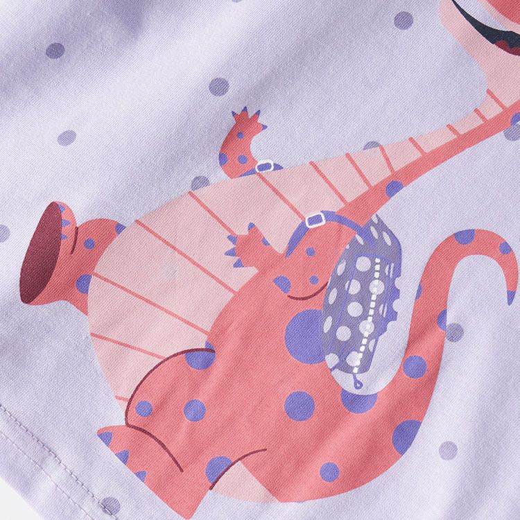 Girls' Purple Short-Sleeve T-Shirt with Cute Pink Dinosaur Print, Soft and Comfortable Cotton