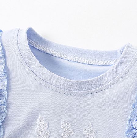 Girls' Blue Short-Sleeve T-Shirt with Ruffled Lace Trim, Soft and Comfortable Cotton