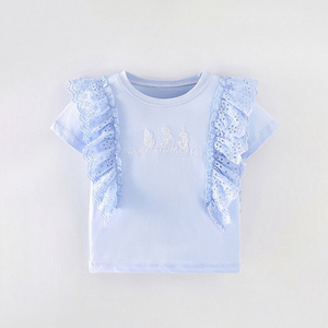 Girls' Blue Short-Sleeve T-Shirt with Ruffled Lace Trim, Soft and Comfortable Cotton