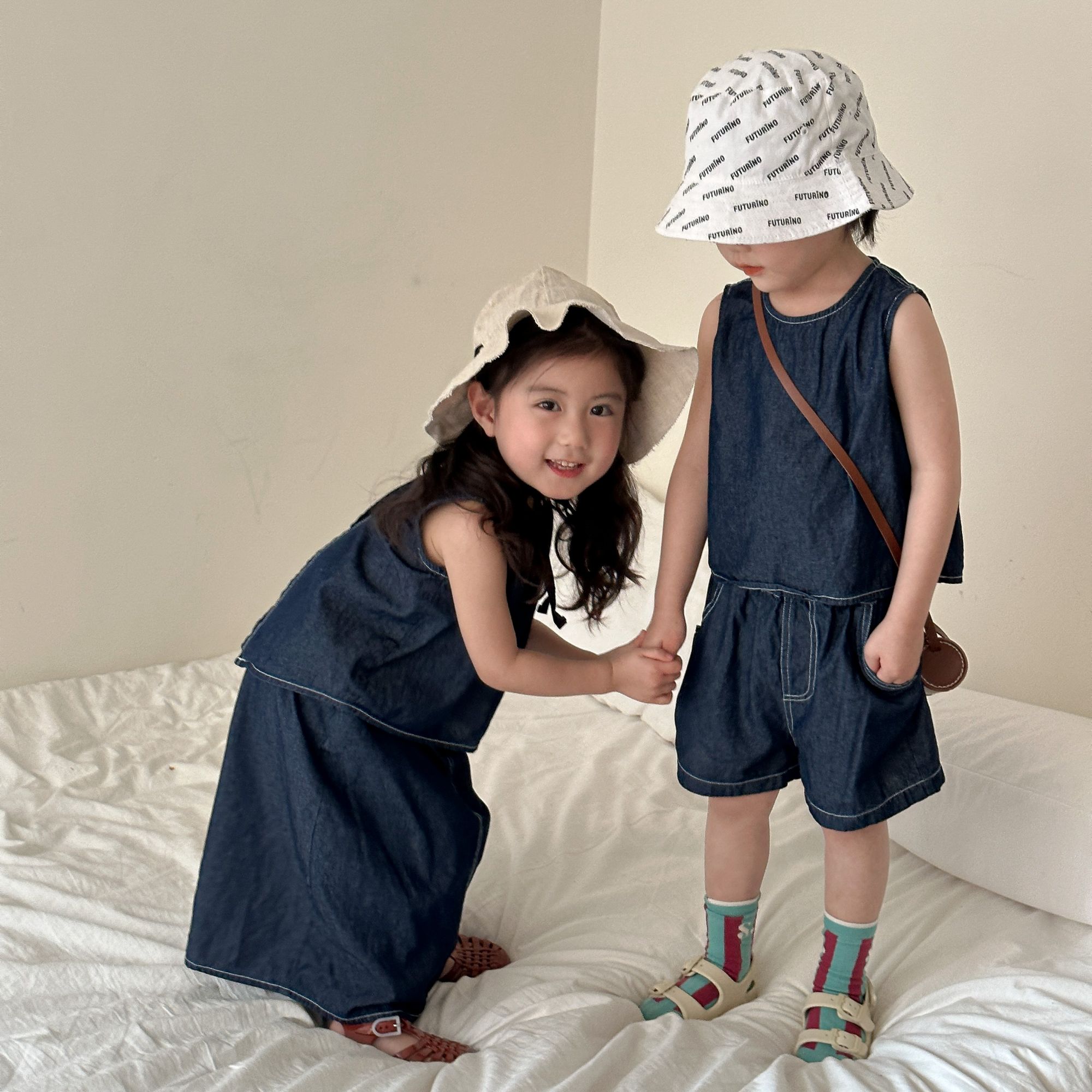 Children's summer denim suit for boys 2024 new casual baby vest, girls' skirt, siblings summer outfit