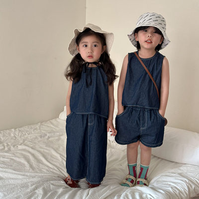 Children's summer denim suit for boys 2024 new casual baby vest, girls' skirt, siblings summer outfit