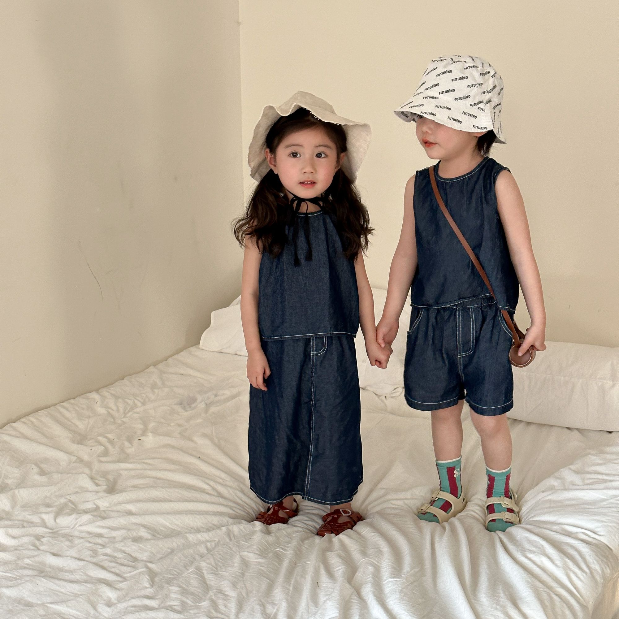 Children's summer denim suit for boys 2024 new casual baby vest, girls' skirt, siblings summer outfit