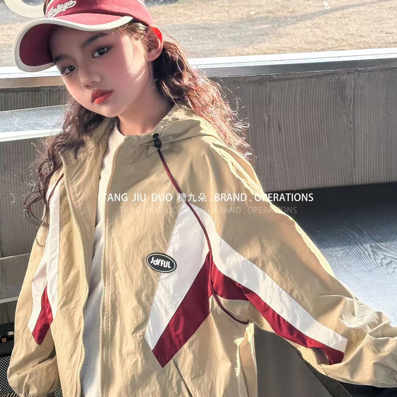 Girls' Beige Windbreaker Kids Jacket with Red and White Stripes, Lightweight Hooded Windproof Breathable Outerwear