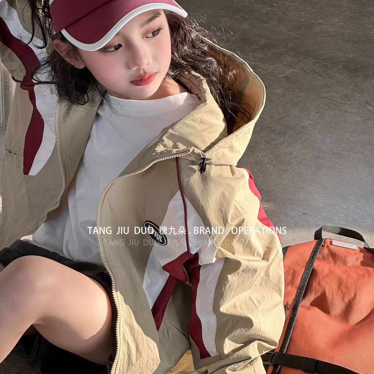 Girls' Beige Windbreaker Kids Jacket with Red and White Stripes, Lightweight Hooded Windproof Breathable Outerwear