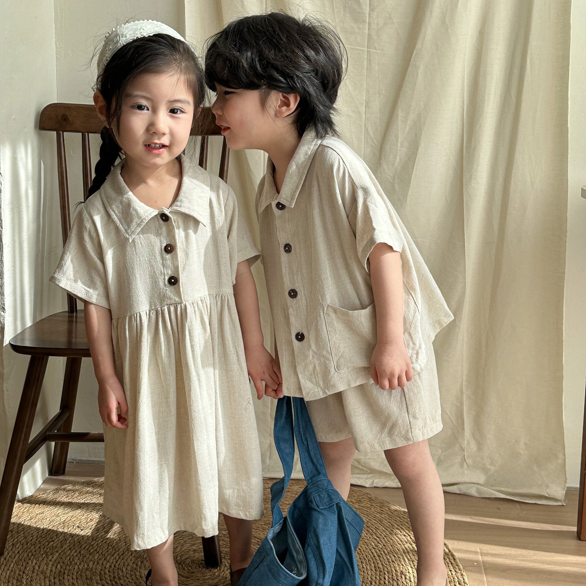 Children's Summer Set Boys' Linen Short Sleeve 2024 New Baby Summer Dress Girls' Dress Siblings' Dress