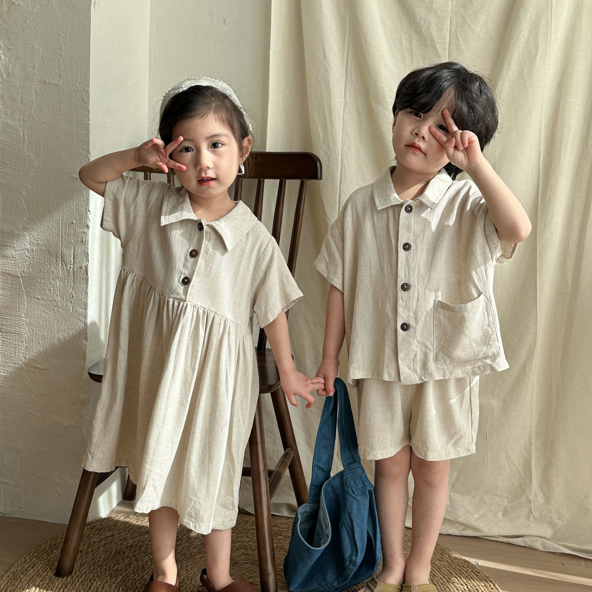 Children's Summer Set Boys' Linen Short Sleeve 2024 New Baby Summer Dress Girls' Dress Siblings' Dress