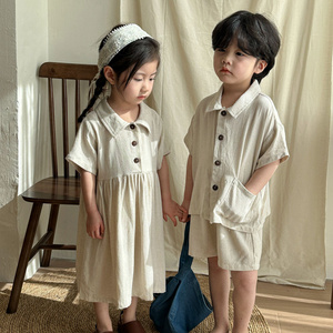 Children's Summer Set Boys' Linen Short Sleeve 2024 New Baby Summer Dress Girls' Dress Siblings' Dress