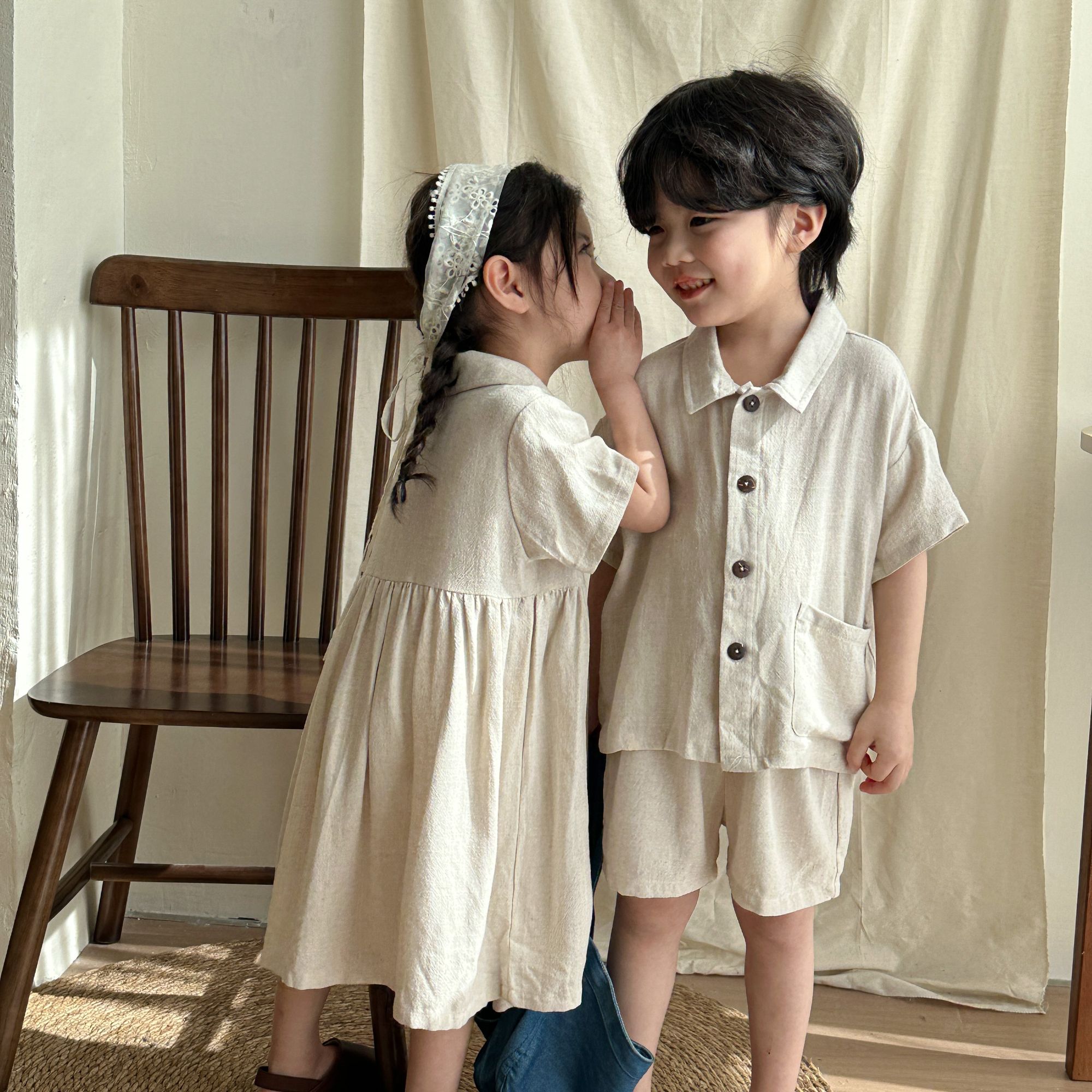 Children's Summer Set Boys' Linen Short Sleeve 2024 New Baby Summer Dress Girls' Dress Siblings' Dress