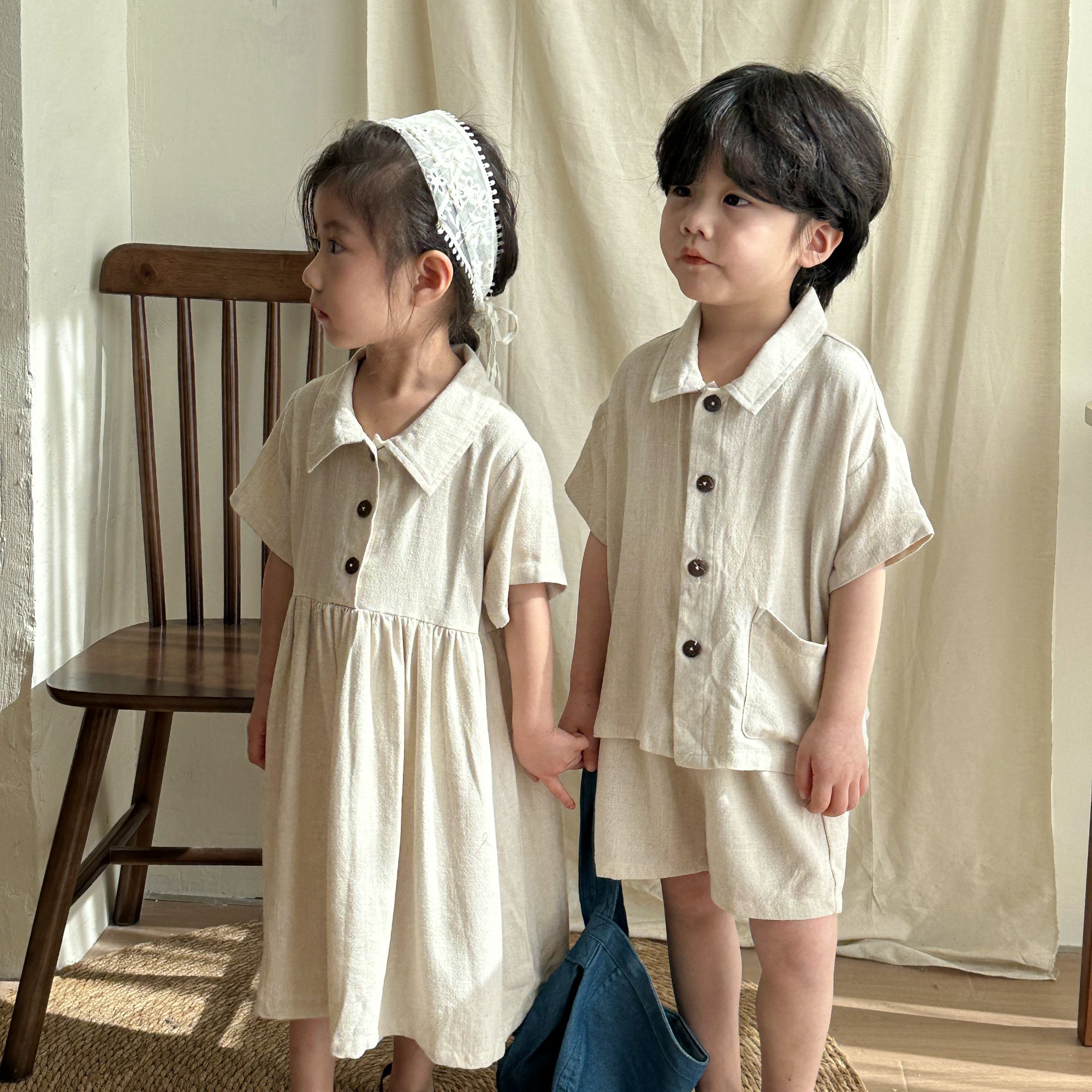 Children's Summer Set Boys' Linen Short Sleeve 2024 New Baby Summer Dress Girls' Dress Siblings' Dress