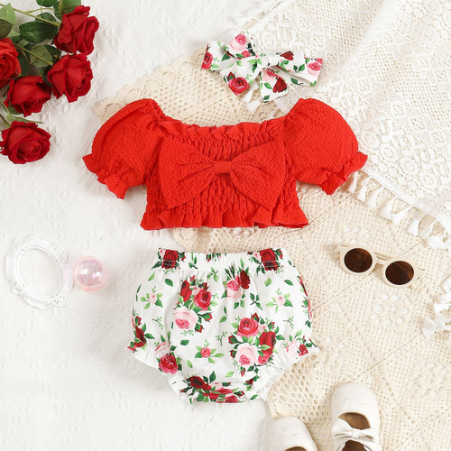 Hot selling item short-Sleeve Flower Bow Top Baby Little kids Toddle Girls Fashion clothes Printing Skirt Shorts 2 Piece Set